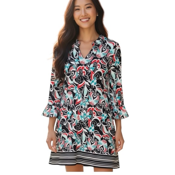 Crown & Ivy Bell Sleeve Split V-Neck Floral-Print Dress. Size Large. - Picture 1 of 14